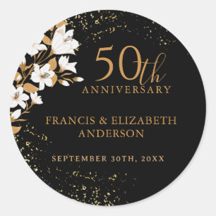 Sticker Rond Floral Black Gold 50e anniversaire Mariage