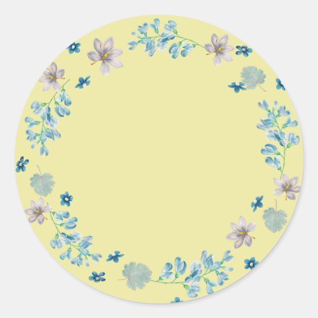 Sticker Rond Floral bleu, arrière - plan jaune pastel, (Devant)
