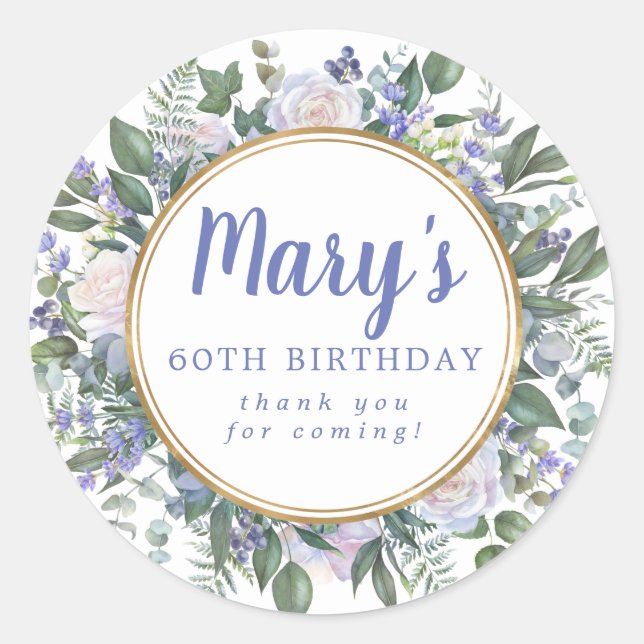 Sticker Rond Floral bleu blanc 60e anniversaire Merci (Devant)