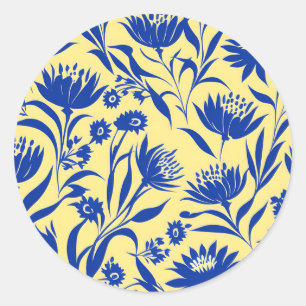 Sticker Rond Floral Bleu De Cornflower Moderne Sur Jaune