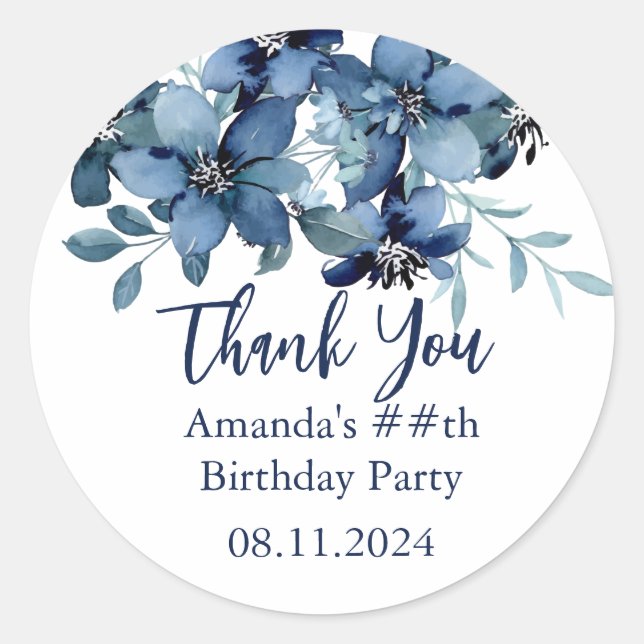 Sticker Rond Floral bleu moderne Merci fête d'anniversaire (Devant)