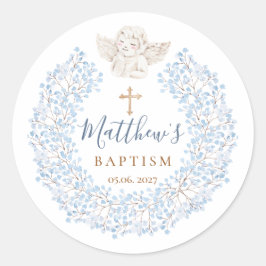 Sticker Rond Floral Blue Baby Angel Croix Baptême