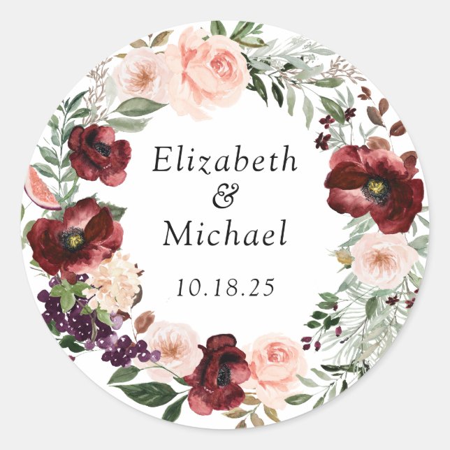 Sticker Rond Floral Blush Bourgogne Pavot vert (Devant)