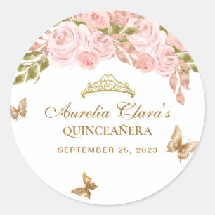 Sticker Rond Floral Blush Rose Or Tiara Butterfly Quinceañera