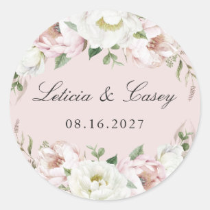 Sticker Rond Floral Blush White Peony Dusty Blue Mariage