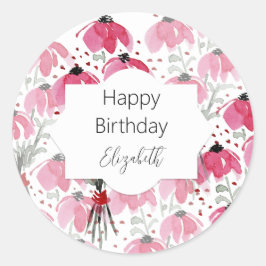 Sticker Rond Floral Bohème En Noir Rose Et Blanc