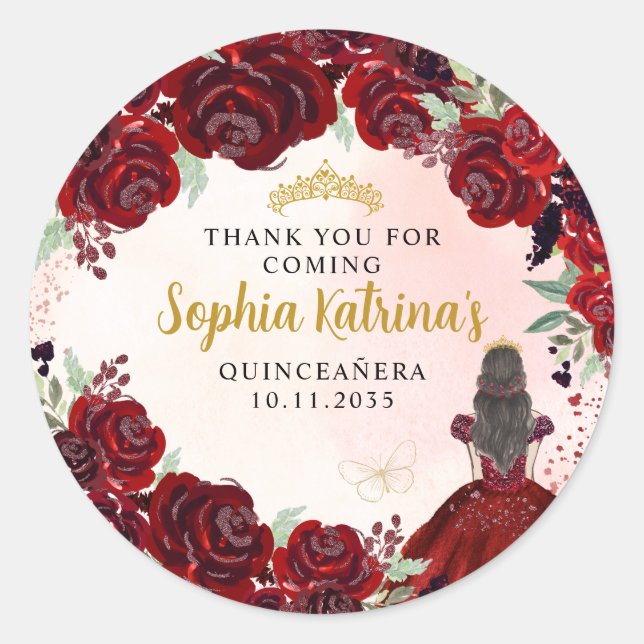 Sticker Rond Floral Bourgogne Gold Quinceanera Anniversaire Fav (Devant)