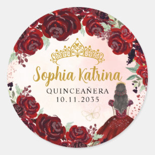 Sticker Rond Floral Bourgogne Gold Quinceanera Anniversaire Fav