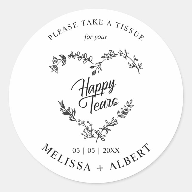 Sticker Rond Floral & Branches Heart Happy Tears Wedding Quote (Devant)