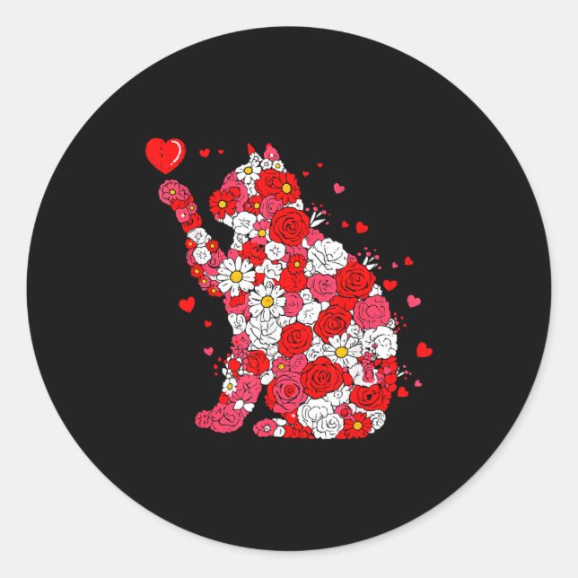 Sticker Rond Floral Cat Heart Valentines Day Meow Kitty Kitten  (Devant)