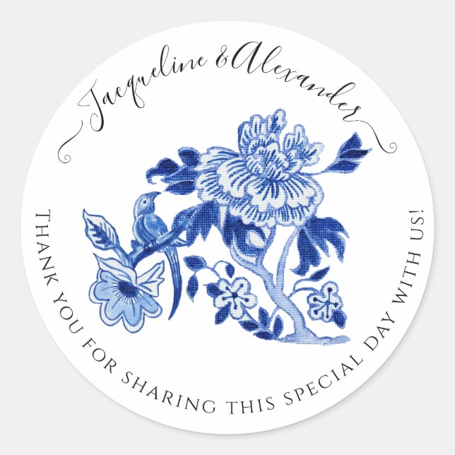 Sticker Rond Floral Chinoiserie Bird Folid Bleu Blanc Mariage (Devant)