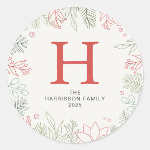 Sticker Rond Floral Christmas Wreath Family Nom monogramme