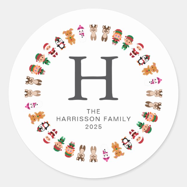 Sticker Rond Floral Christmas Wreath Family Nom monogramme (Devant)