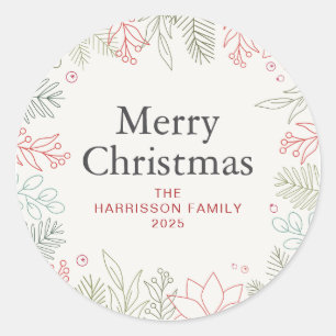 Sticker Rond Floral Christmas Wreath Nom de famille