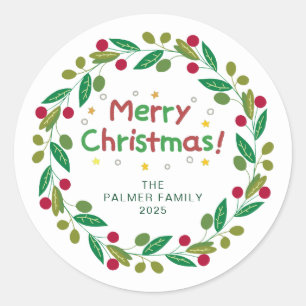 Sticker Rond Floral Christmas Wreath Nom de famille