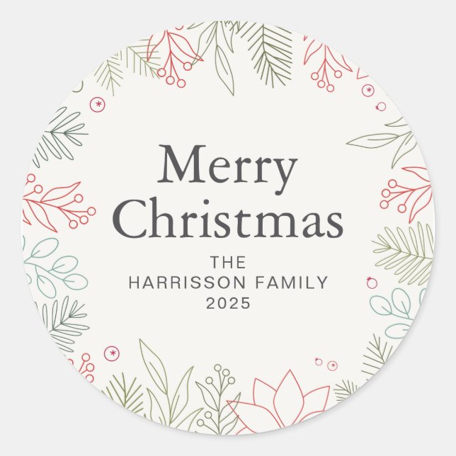 Sticker Rond Floral Christmas Wreath Nom de famille (Devant)