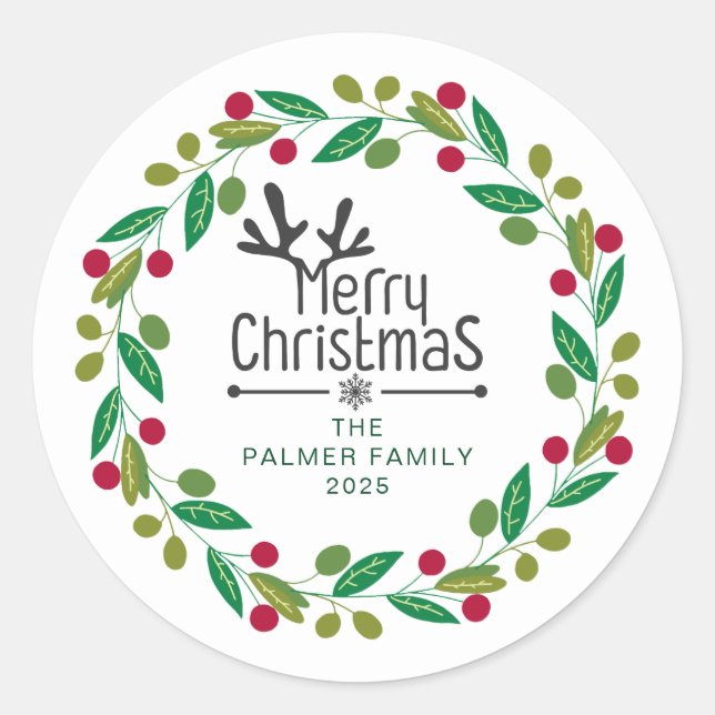 Sticker Rond Floral Christmas Wreath Nom de famille (Devant)