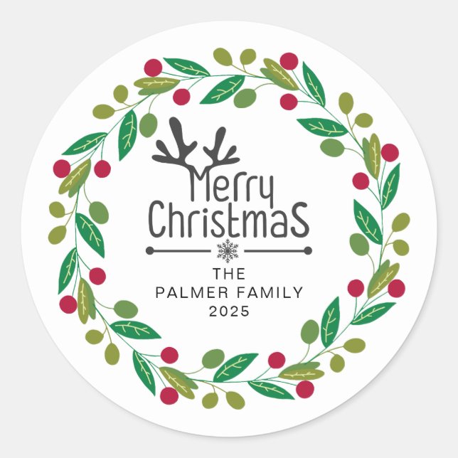 Sticker Rond Floral Christmas Wreath Nom de famille (Devant)