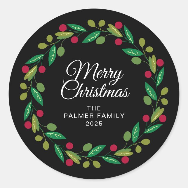 Sticker Rond Floral Christmas Wreath Nom de famille (Devant)
