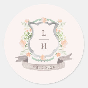 Sticker Rond Floral Crest Aquarelle Monogramme Mariage