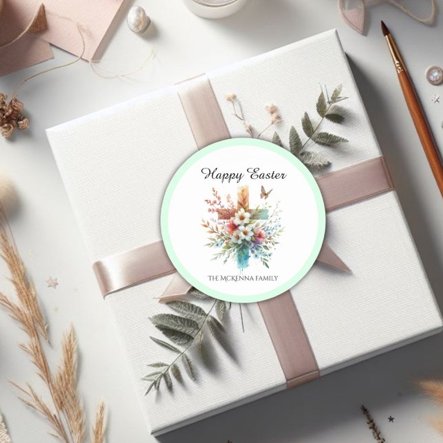 Sticker Rond Floral Cross Pastel Aquarelle religieuse Pâques (Créateur téléchargé)