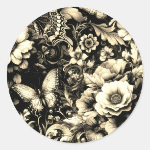 Sticker Rond Floral d'antiquité d'or aux papillons
