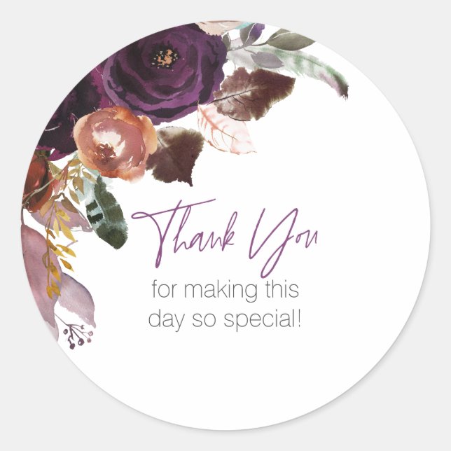 Sticker Rond Floral de prune violette moderne Merci personnalis (Devant)