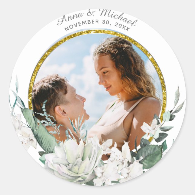 Sticker Rond *~* Floral Fleurs blanches Mariage PHOTO (Devant)