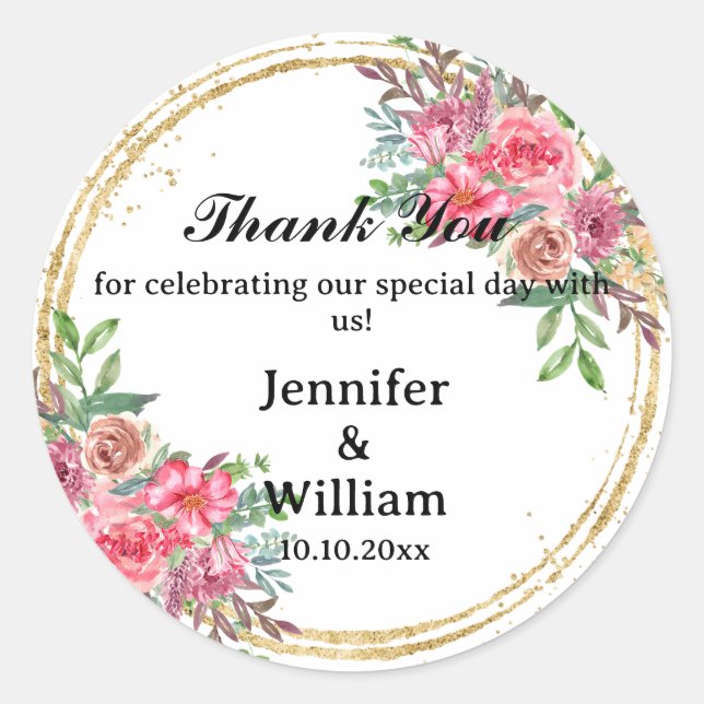 Sticker Rond Floral Foliage Merci Mariage Business Anniversaire (Devant)