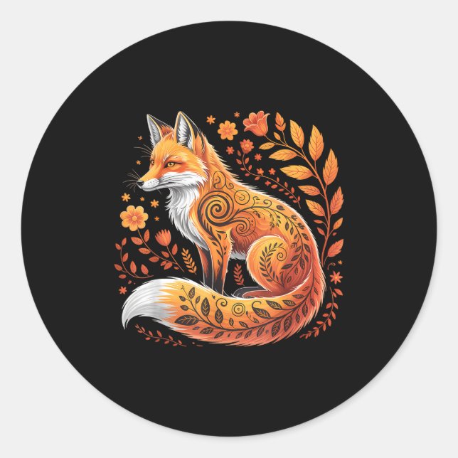 Sticker Rond Floral Fox Flowers Art Fox In Autumn - Fall Fox  (Devant)