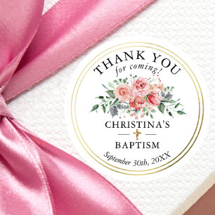 Sticker Rond Floral Gold Girl Christening Baptême Merci