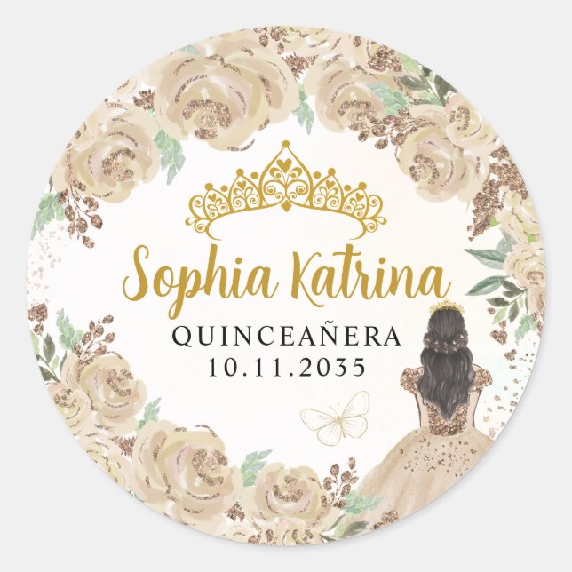 Sticker Rond Floral Gold Princess Quinceanera Anniversaire Favo (Devant)