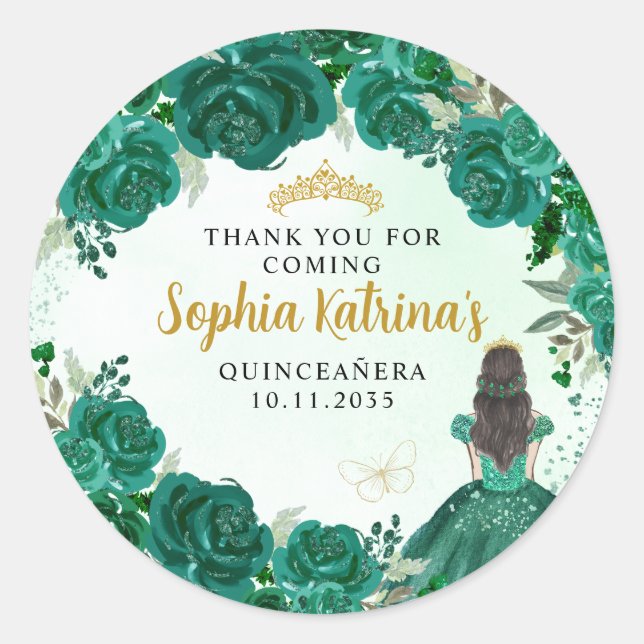 Sticker Rond Floral Green Princess Quinceanera Anniversaire Fav (Devant)