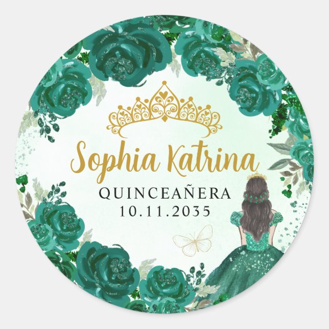 Sticker Rond Floral Green Princess Quinceanera Anniversaire Fav (Devant)