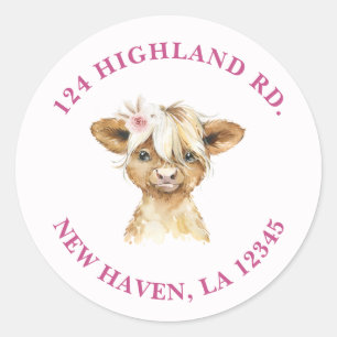 Sticker Rond Floral Highland Cow Adresse