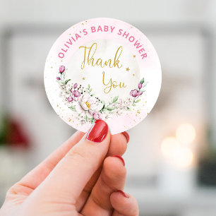 Sticker Rond Floral Lune Baby shower rose Merci