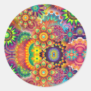 Sticker Rond Floral Mandala Collage psychédélique