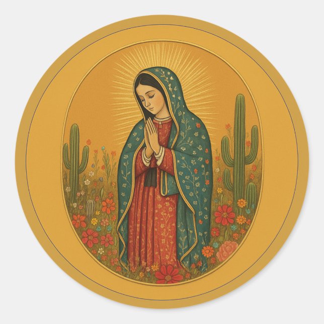 Sticker Rond Floral Mexicaine Mary Guadalupe Religieux (Devant)