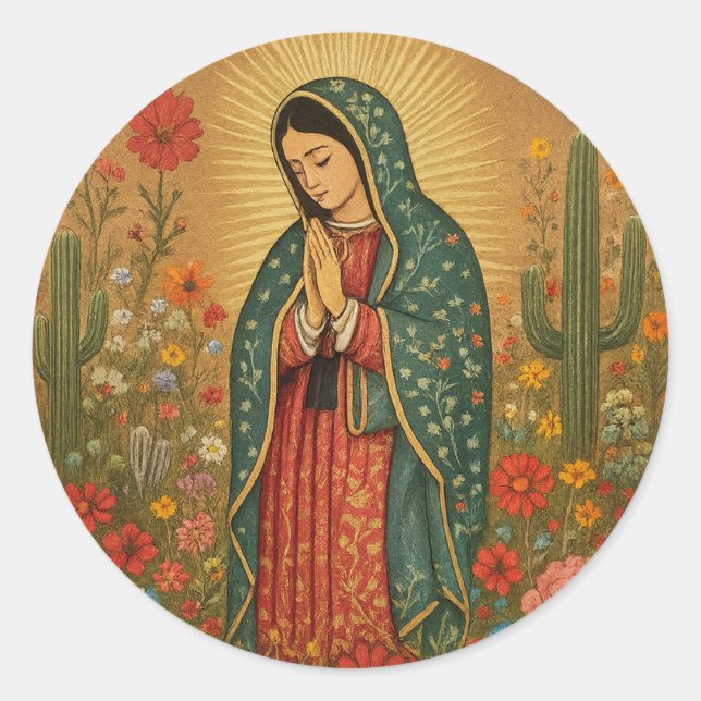 Sticker Rond Floral Mexicaine Mary Guadalupe Religieux (Devant)