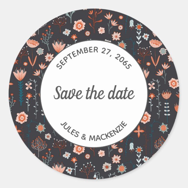 Sticker Rond Floral moderne foncé simple Enregistrer la date (Devant)