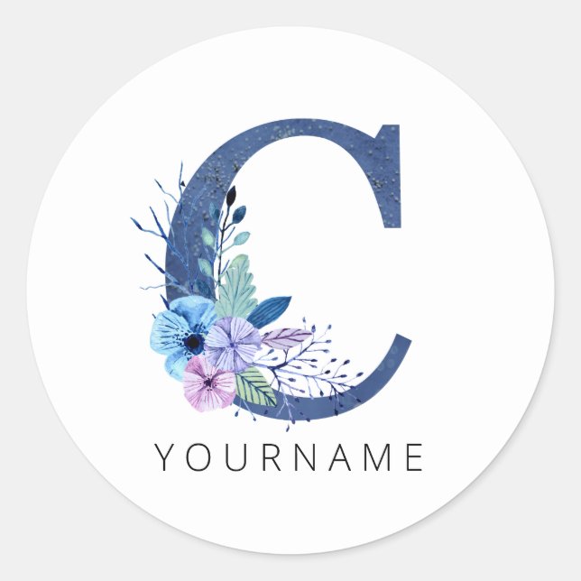 Sticker Rond Floral Monogramme C Flores Bleues Hiver (Devant)
