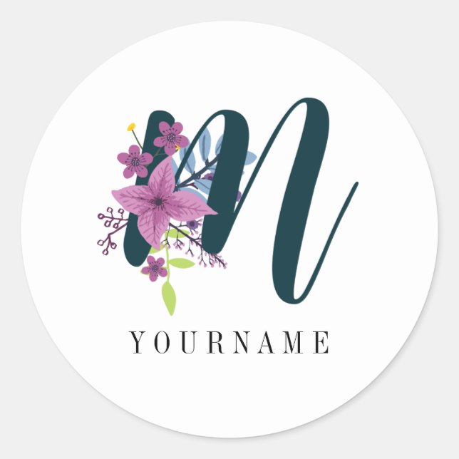 Sticker Rond Floral Monogramme M Fleur sauvage éclate (Devant)
