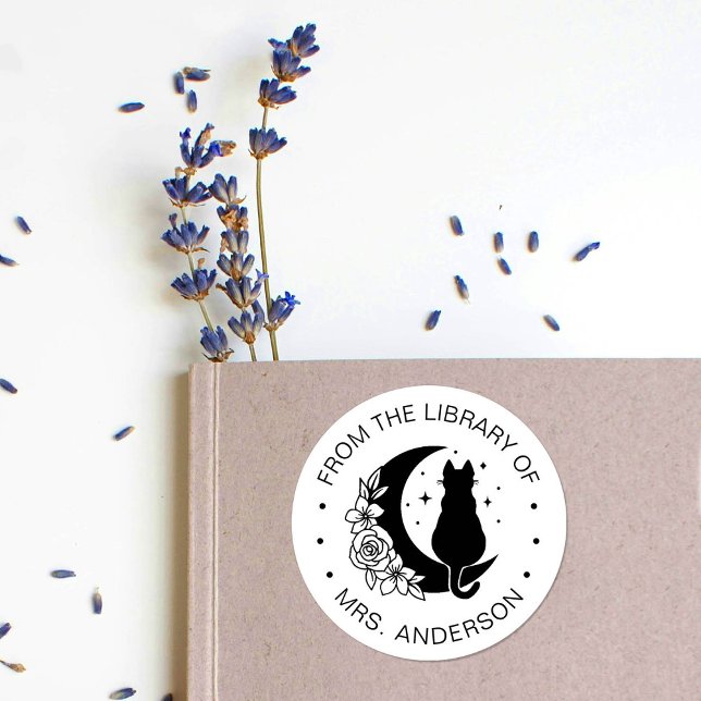 Sticker Rond Floral Moon Chat Bibliothèque de livre enseignant (Créateur téléchargé)