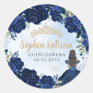 Sticker Rond Floral Navy Blue Gold Quinceanera Anniversaire Fav