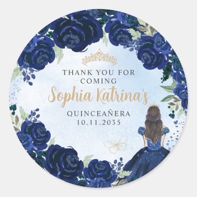 Sticker Rond Floral Navy Blue Gold Quinceanera Anniversaire Fav (Devant)