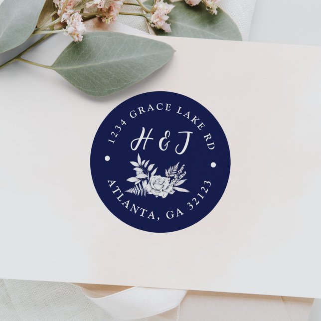 Sticker Rond Floral Navy Blue Modern Mariage Adresse de retour (Créateur téléchargé)