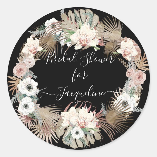 Sticker Rond Floral Noir Blanc Blanc Rustique Bois Feuillage (Devant)