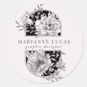 Sticker Rond Floral noir et blanc élégant