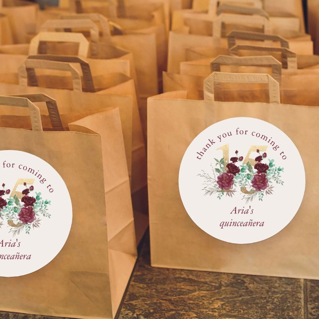 Sticker Rond Floral Numéro 15 ivoire Rouge et or Quinceanera (Quinceanera favor stickers  with burgundy red and ivory roses from my Royal Rose collection)