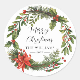 Sticker Rond Floral Poinsettia Verdure Noël de famille